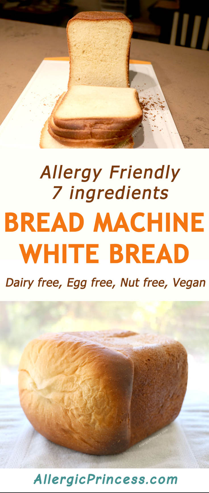 Classic dairy free bread machine white bread is easy to make by just adding 7 ingredients into the bread machine and switching it on. EGG FREE, DAIRY FREE, NUT FREE, VEGAN